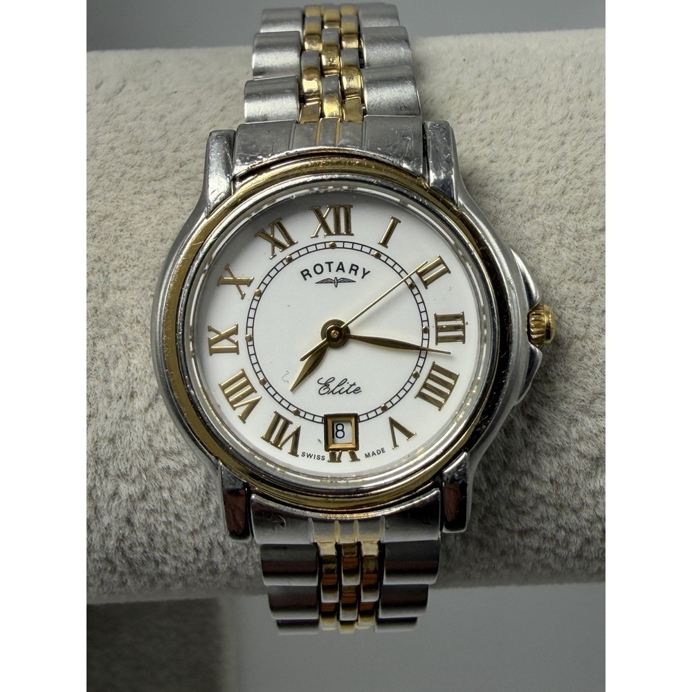 Rotary Elite PO-02717 New Battery Ladies Watch 27MM 6.75" Swiss Made Two Tone
